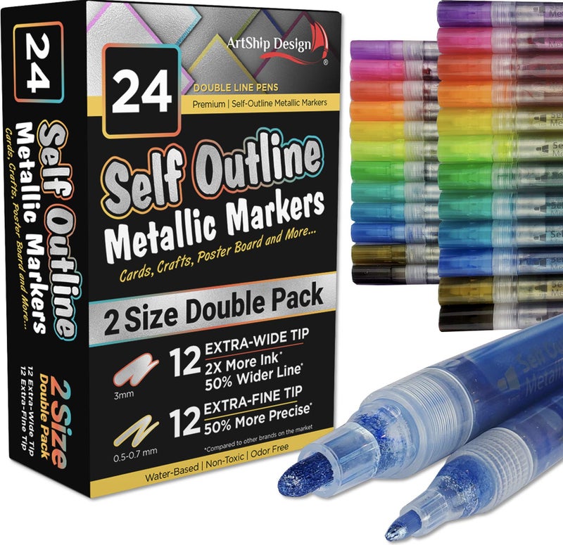 ArtShip Design 24 Self Outline Metallic Markers, Paint Pen Double Pack of Both Extra Fine Tip and Medium Tip, Double Line Markers, Self Outline Paint Pens, Journal Pens, Scrap Booking, Cards, DIY Crafts - Image 1